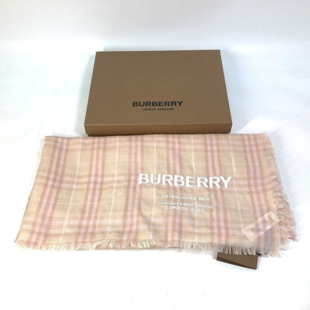 BURBERRY check logo Stole/Shawl fringe Scarf Cashmere Pink/Beige - Picture 4 of 7